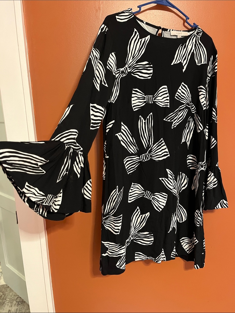 LOFT Black Tunic with White Bow Print and Bell Sleeves